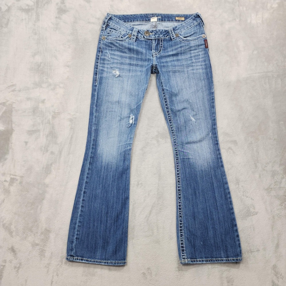 Silver Jeans Womens W28/L31 Blue Tuesday Low Rise Distressed Bootcut Denim Jeans